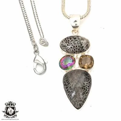 Colgante de amonita fósil de coral raya 4 mm cadena serpiente P7270 Foto 1 de 4