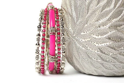 Brazaletes pulseras fucsia/plateados de diseño bohemio de moda para mujer Foto 1 de 4