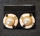 Vintage Ivana Trump Couture Gold Tone Round Pink Enamel Rhinestone Clip Earrings