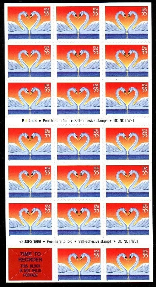 US Stamp Scott #3124a Wedding Love Swans 55 Cents, 10 Panes of 20 (200pc) - Image 1 of 2