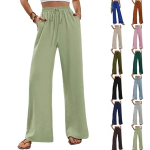Womens Drawstring Waist Loose Palazzo Pants Solid Beach Wide Leg Casual Trousers - Picture 1 of 49