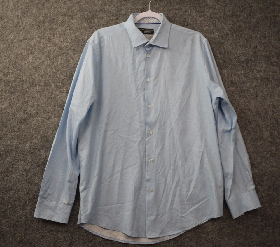 Report Collection Shirt L 16-16.5 34/35 Slim Blue Plaid Button Up 4 Way Stretch - Image 1 of 4