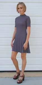 Ribbed A Line Flare Mini Dress | Short Sleeve Mock Neck S M L Double Zero 17F073 - Picture 1 of 17