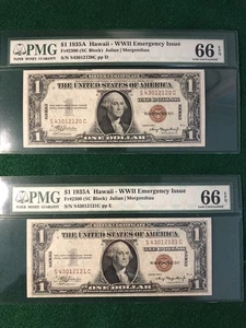 PAIR OF (2) SEQUENTIAL $1 1935A SC HAWAII WW2 EMERGENCY ISSUE BOTH PMG 66 EPQ - Picture 1 of 6