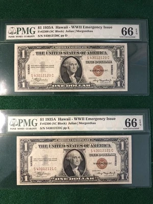PAIR OF (2) SEQUENTIAL $1 1935A SC HAWAII WW2 EMERGENCY ISSUE BOTH PMG 66 EPQ - Image 1 of 4