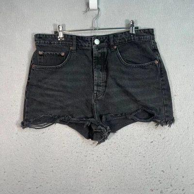 Zara High-Waisted Black Denim Shorts With Frayed Hem Womens Size 12 - Image 1 of 4