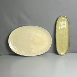 Set Of 2 Julia Knight Eclipse Oval Platters Ivory & Celadon Enamel Gold Flakes - Picture 1 of 20