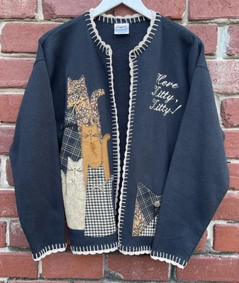 Vtg 90s Handmade Womens Sz M Cat Lady Jacket Sweatshirt Jacket Appliqué Black - Image 1 of 4