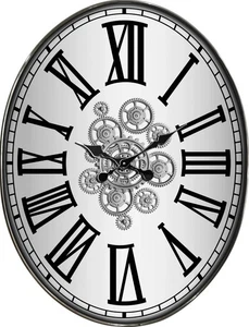 Silver Gear Wall Clock 70 CM Large Industrial Moving Roman Numerals Metal Time - Picture 1 of 7