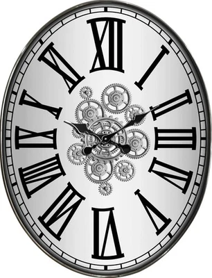 Silver Gear Wall Clock 70 CM Large Industrial Moving Roman Numerals Metal Time - Image 1 of 4