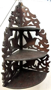 "Estante de esquina colgante vintage de madera ornamentado con pergamino de trabajo pájaros 3 niveles - 17""" - Imagen 1 de 11