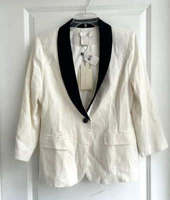 MM Couture Miss Me Womens Ivory  Linen Blazer Black Collar Jacket Large NEW NWT - Image 1 of 4