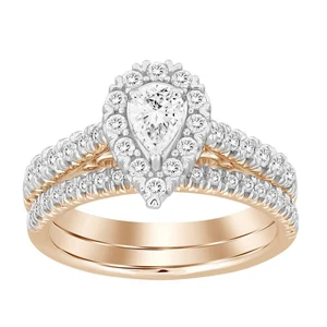 Bridal Set 1.00ct Round Diamond 14k Rose Gold Center Stone 0.33ct Pear - Picture 1 of 1