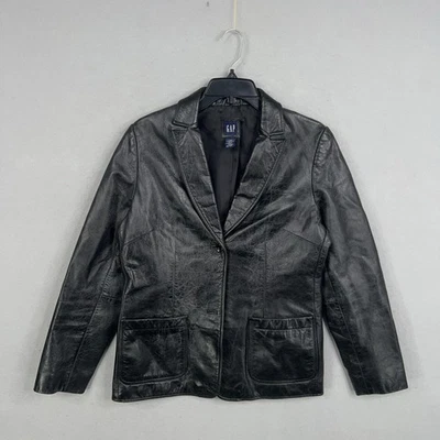 Vintage GAP Leather Jacket Womens Medium Black Blazer Button Notch Lapel 00s - Image 1 of 4