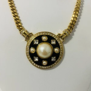 Vintage Monet Pendant Necklace Black Enamel Gold Tone Crystal Round Signed - Picture 1 of 9
