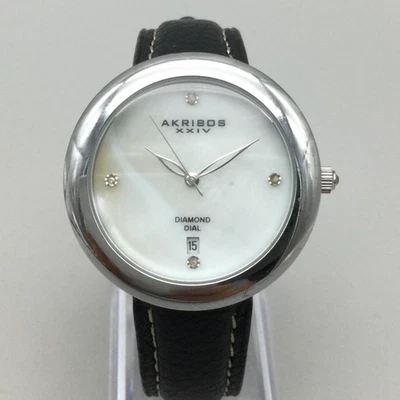 Reloj Akribos XXIV AK698SS para mujer 37 mm esfera diamante cuero negro batería nueva Foto 1 de 4