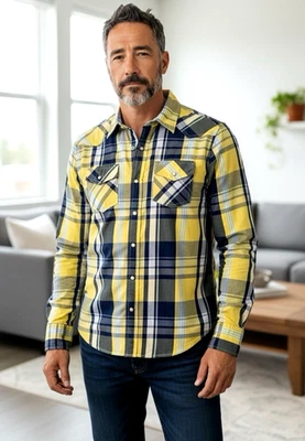 Ditch Plains Shirt Men’s M Western Cowboy Pearl Snap Plaid  Yellow Long Sleeve - Image 1 of 4