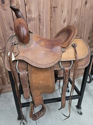 15.5" Lamb Slick Seat Barbed Wire Tooled Ranch Roper Saddle - Image 1 of 4