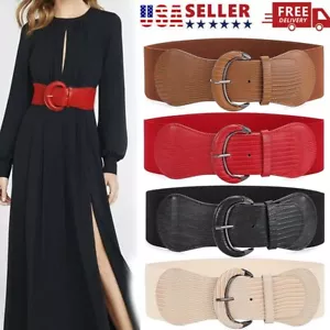 Women Belt Wide Buckle Elastic Stretch Fashion Faux Leather Skinny Waist Dress - Picture 1 of 16