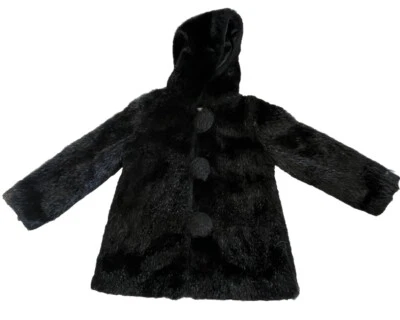 GYMBOREE City Sidewalk Black Faux Fur Pom Pom Holiday Hooded Coat Girls 6 - Image 1 of 4