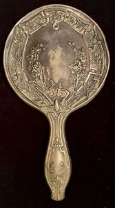 Antique VICTORIAN SILVER PLATE HAND MIRROR-Greek Key/Floral Pattern-9.5" - Picture 1 of 10