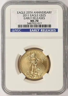 2011 $25 American Gold Eagle 1/2 oz NGC MS70 primeiros lançamentos 25º aniversário - Imagem 1 de 4