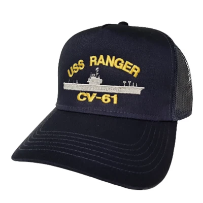Boné de beisebol masculino USS Ranger CV-61 azul marinho malha Snapback Marinha dos EUA - Imagem 1 de 4