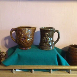 Vintage Brown Stoneware Mugs 3 One Is Hall All Different & 1 Pitcher - Picture 1 of 13