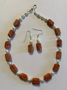 Vintage Sterling Silver Real Pearls Red Coral Earrings and Necklace 18 in - Picture 1 of 4