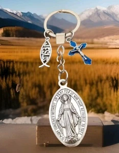 Regalo Religioso Santa Madre Colgante Jesús Pez y Cruz Azul Llavero Fuerte - Imagen 1 de 3