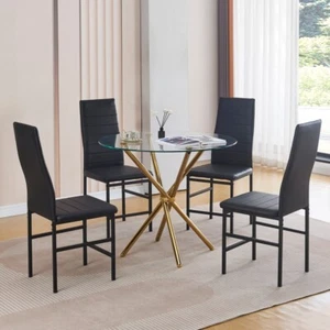 Round Clear Glass Dining Table Golden Legs & 4x Black Faux Leather Dining Chairs - Picture 1 of 10