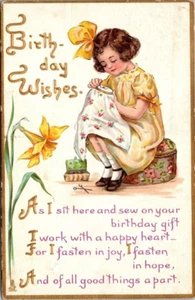 Postcard Birthday Wishes Little Girl Sewing Poem Embossed - Picture 1 of 2
