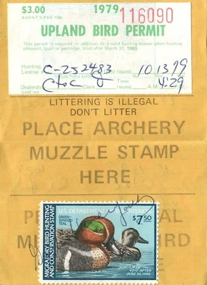 1979 USA Duck Stamp #RW46 +Upland Bird Washington Hunting & Fishing License - Image 1 of 2