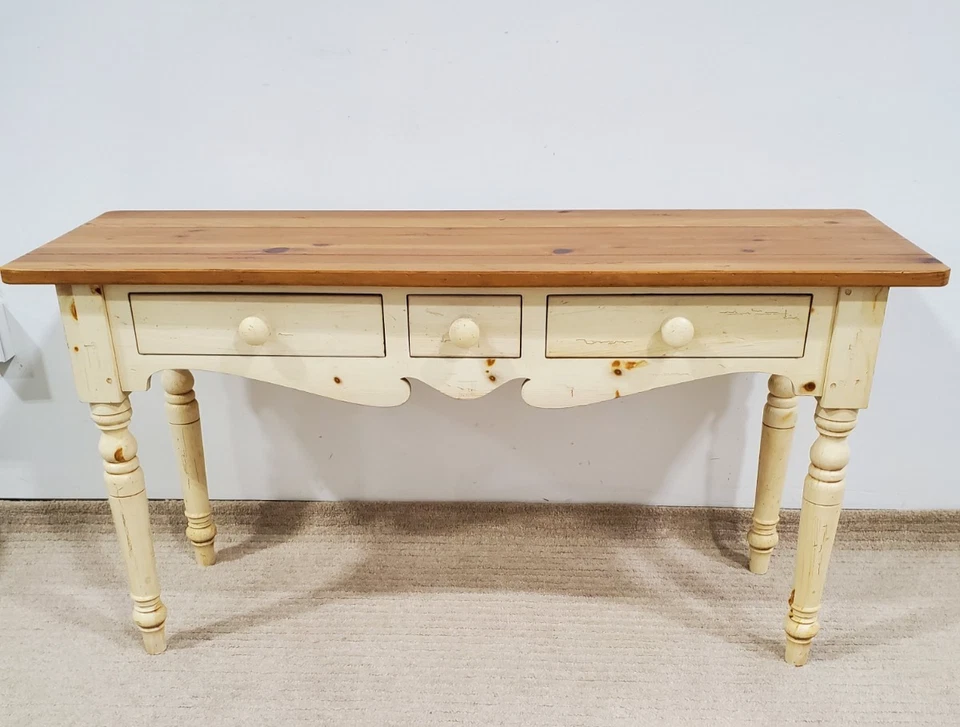 Ethan Allen Farmhouse Pine Sofa Table Side Table 23-9010 672 Antiqued White/Pine - Image 1 of 4