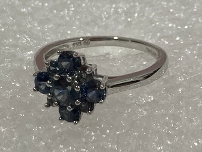 Anillo Vintage (M) Oro Blanco Sólido 14k Zafiro Azul Racimo Tailandia TALLA 8 Foto 1 de 4