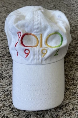 Polo Ralph Lauren 1992 Hat Cap White Colorful Letters Leather Strap FLAWS - Image 1 of 4
