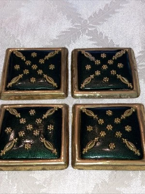 4 Vintage Custom Tiles Brass Backing & Embellishments No Idea Of Use Dark Green - Imagem 1 de 4