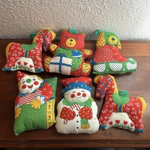 Vintage 70s Calico Stuffed Fabric Christmas Ornaments Lot 6 Patchwork Handmade - Picture 1 of 7