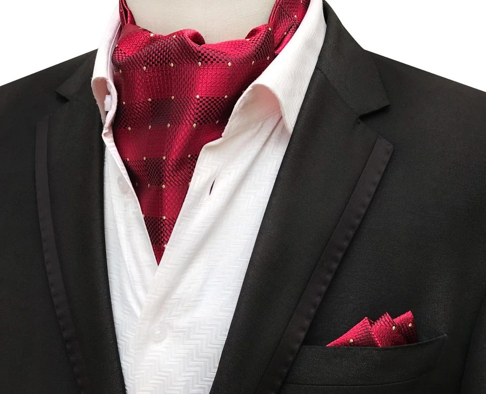 Classic Men's Ascot Tie Silk Polka Dot Red Yellow Scarf Cravat Hanky Set - Image 1 of 1