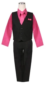 Fuchsia Hot pink boys solid vest 4 piece set Spring wedding church all size - Picture 1 of 2