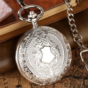 Vintage Silver Shield Hand Winding Mechanical Pocket Watches Pendant Chain Gift - Picture 1 of 9