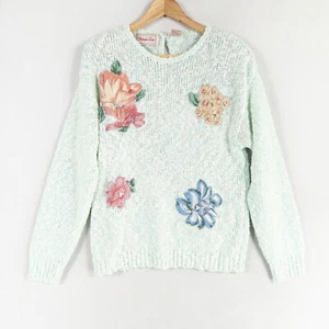 Penbrooke Lane Sweater Women Medium Aqua White Slub Knit Floral Applique Vintage - Picture 1 of 8