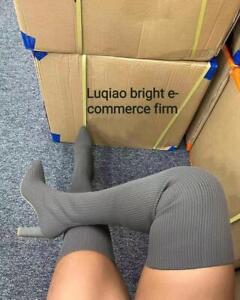 Ladies Pointed Toe Fashion Stretch Pump High Block Heel Sock Thigh High Boots