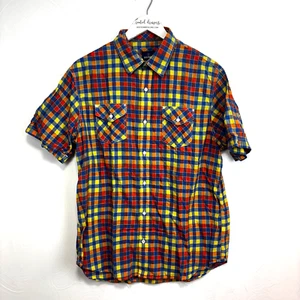 Camisa Antigua Azul Marino Abotonada A Cuadros Naranja Azul Colorida Manga Corta Cuello Para Hombres - Imagen 1 de 5