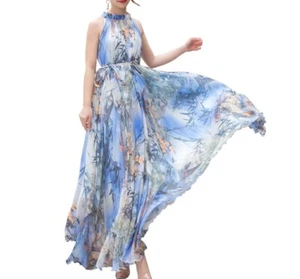 Maya Antonia Chiffon Maxi Dress, Blue Floral/Sleeveless/Boho/Beach/Wedding - Picture 1 of 6