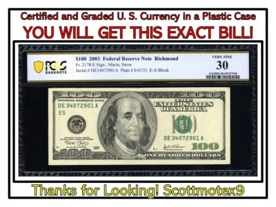 $100 2003 PCGS 'Very Fine 30'🔥Fr. 2178-E ⭐️ Federal Reserve Note 🤩RICHMOND💰 - Image 1 of 4