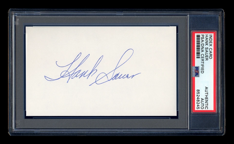 HANK SAUER SIGNED MINT INDEX CARD PSA/DNA AUTO CUBS HOF 1952 MVP HR CHAMPION - Image 1 of 1