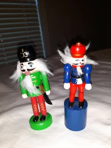 Vtg Lot  2 Wooden Nutcracker Soldier Figurine Holding Sword + Bendable Figurine - Picture 1 of 3