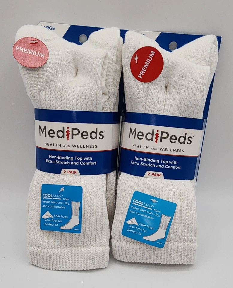 MediPeds Premium Diabetic Crew Socks White Large 2 Pairs.