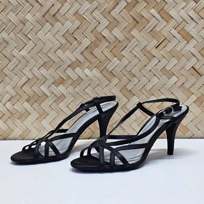 Zapatos de vestir vintage Y2k años 90 Fioni negros con tiras para mujer talla 6 tacones satinados Foto 1 de 4